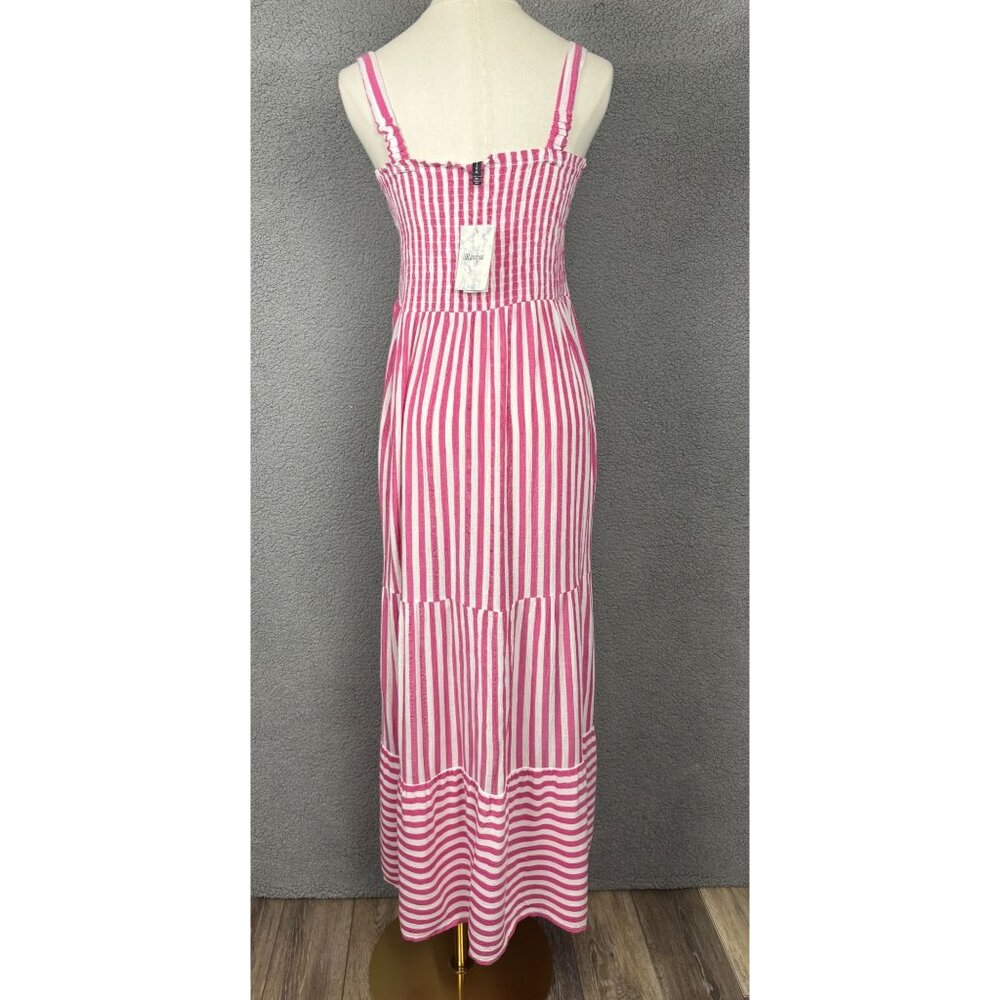 Raviya Pink & White Striped Tiered Smocked Maxi Cover Up Sleeveless Medium NWT's - Picture 5 of 8